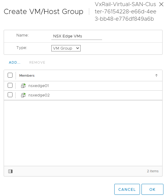 NSX edge VM/Host Groups selected