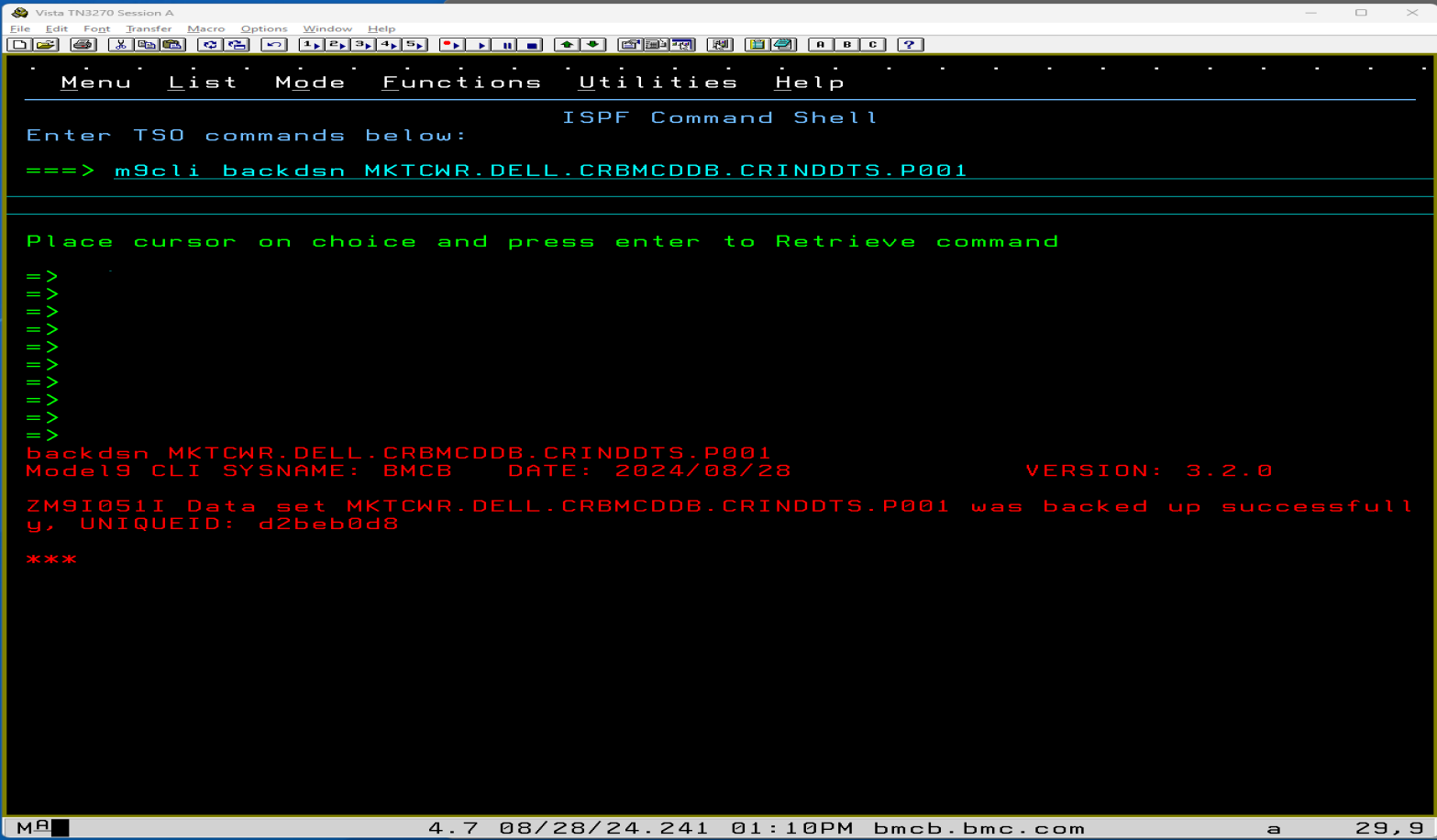 A screenshot showing the BMC AMI cloud CLI extracting data from the mainframe database.