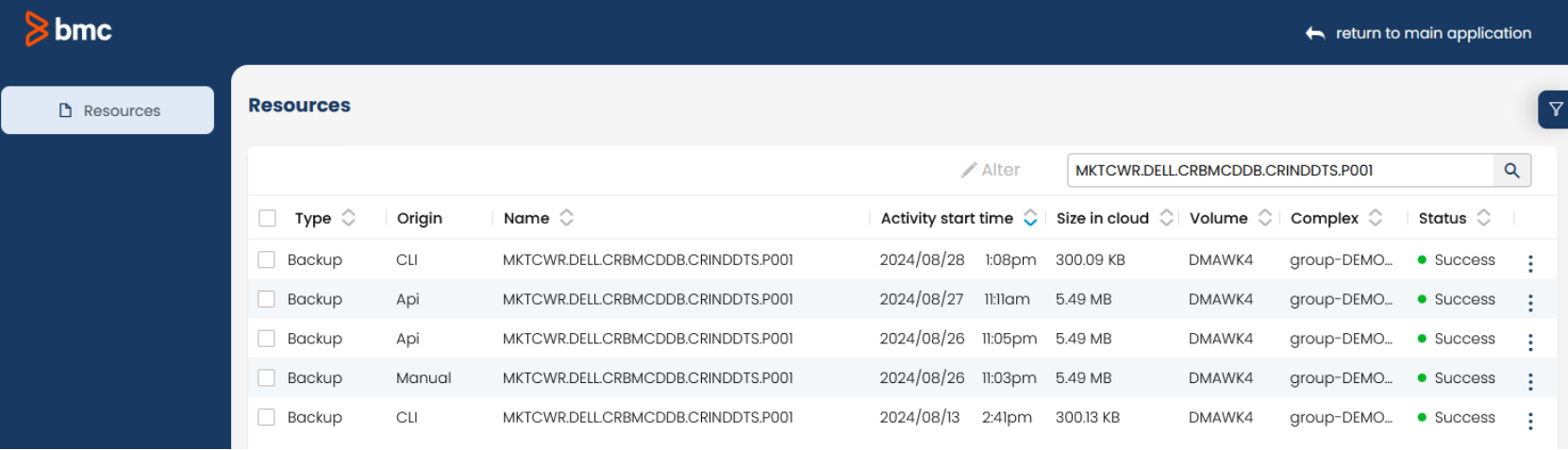 A screenshot of the BMC AMI Cloud Management server UI showing the extracted mainframe data.