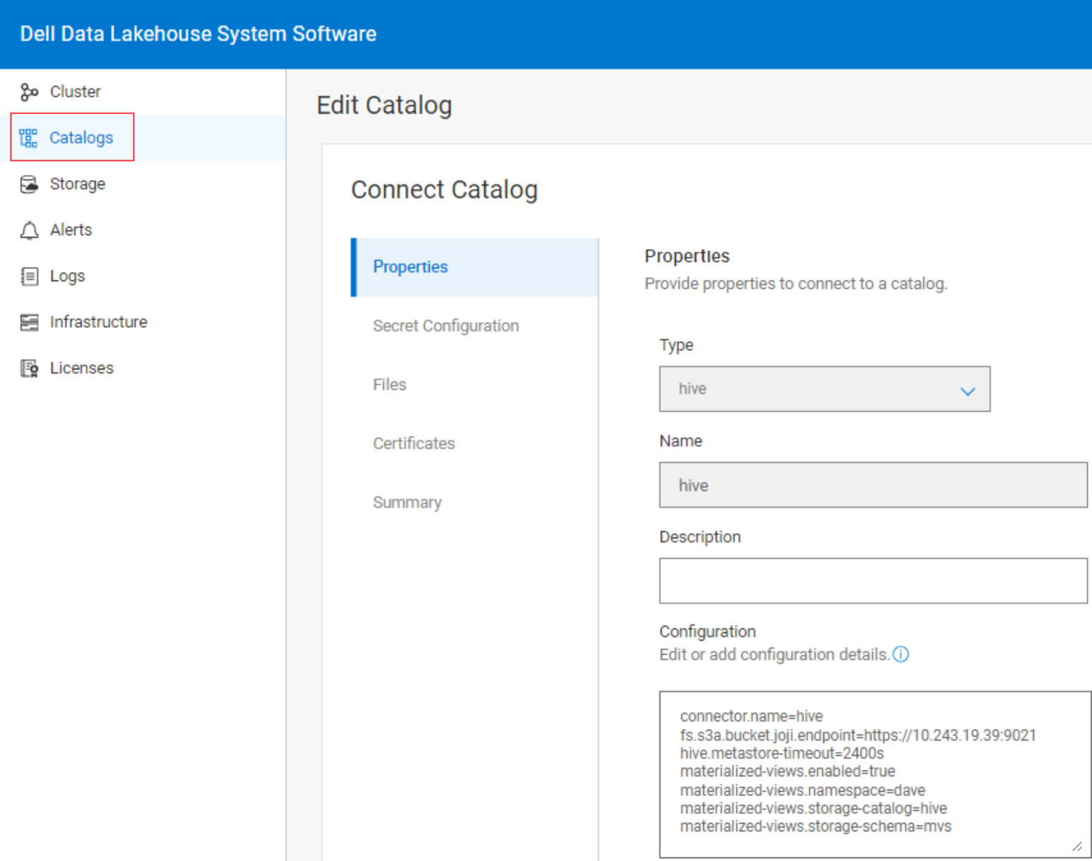 A screenshot of the Hive catalog properties