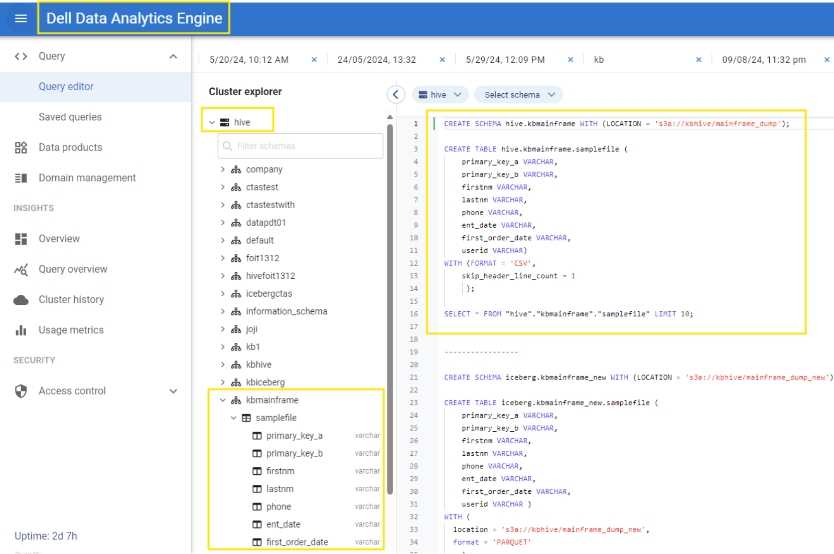 New mainframe schema and table reflected under hive catalog