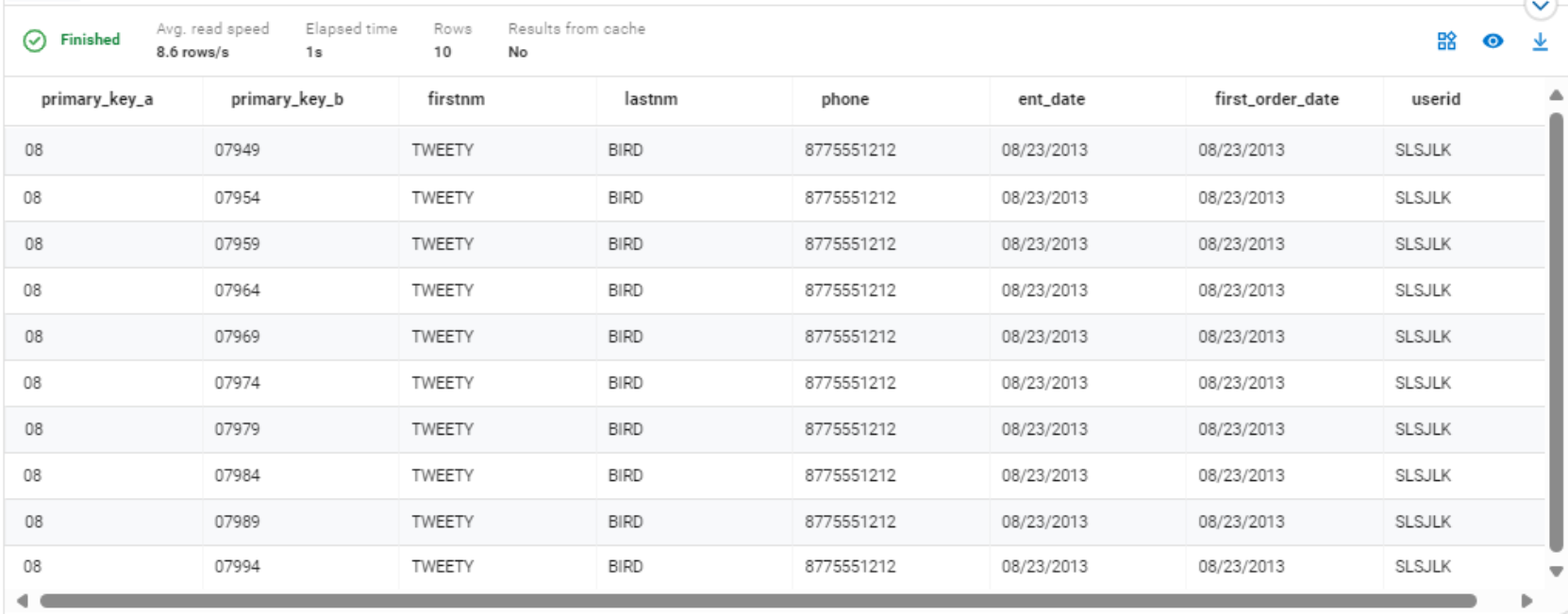 Simple query results from the Iceberg catalog table