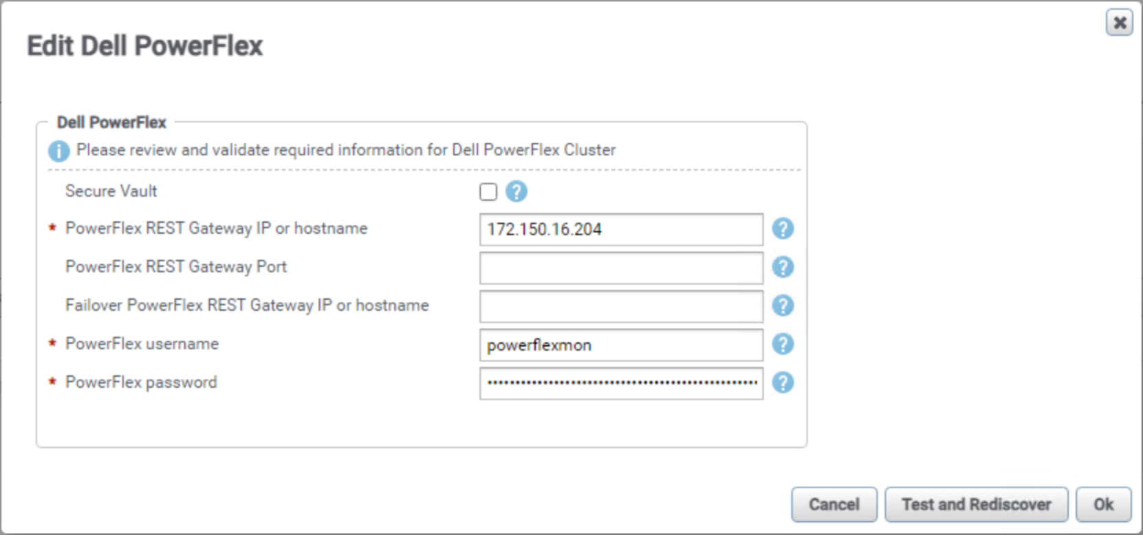 A screenshot of the discovery dialog for a PowerFlex system
