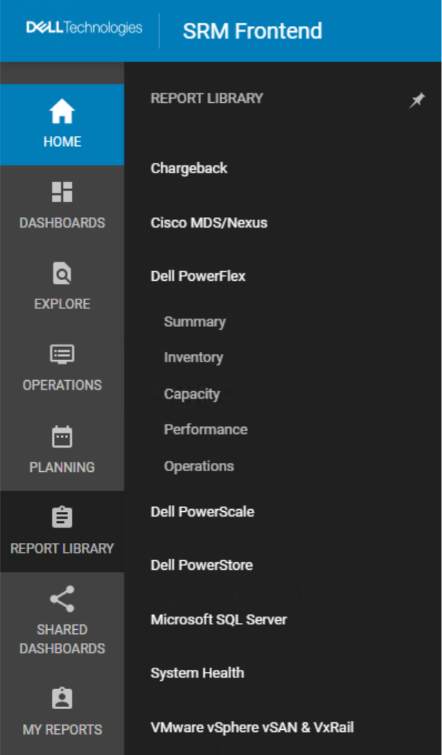 A screenshot of the PowerFlex report library menu in the SRM user interface.