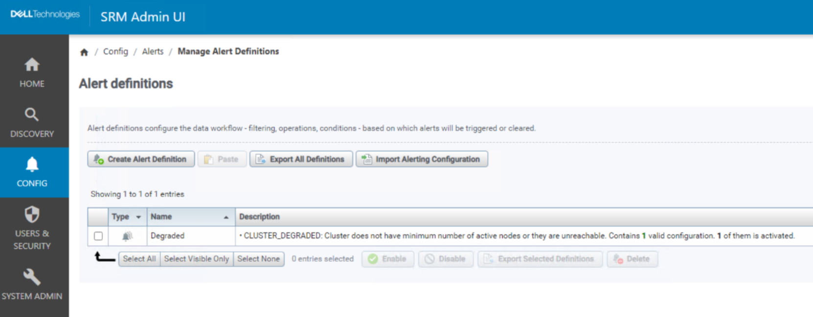 A screenshot of the PowerFlex cluster degraded alert definition.