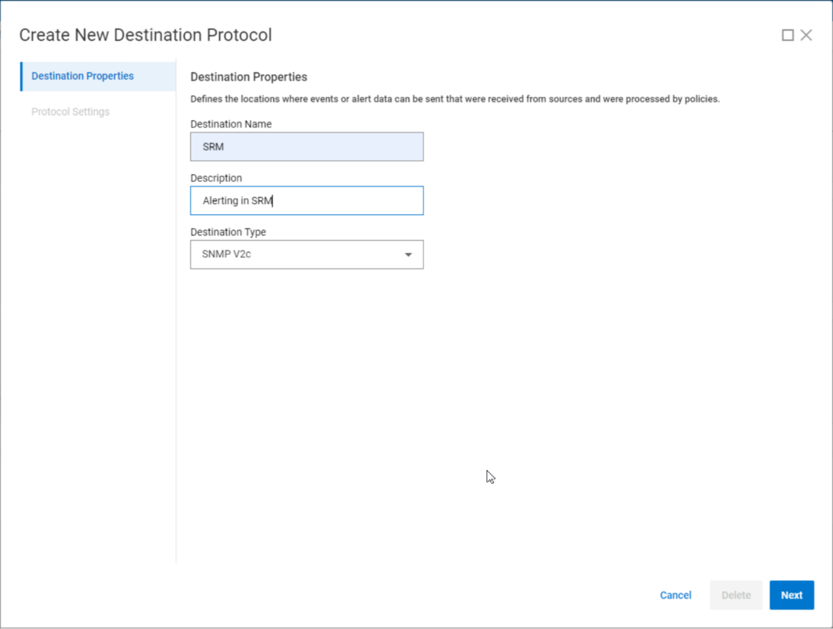 A screenshot of adding an SNMP alert destination in PowerFlex Manager. Define destination name, description, and SNMP protocol.