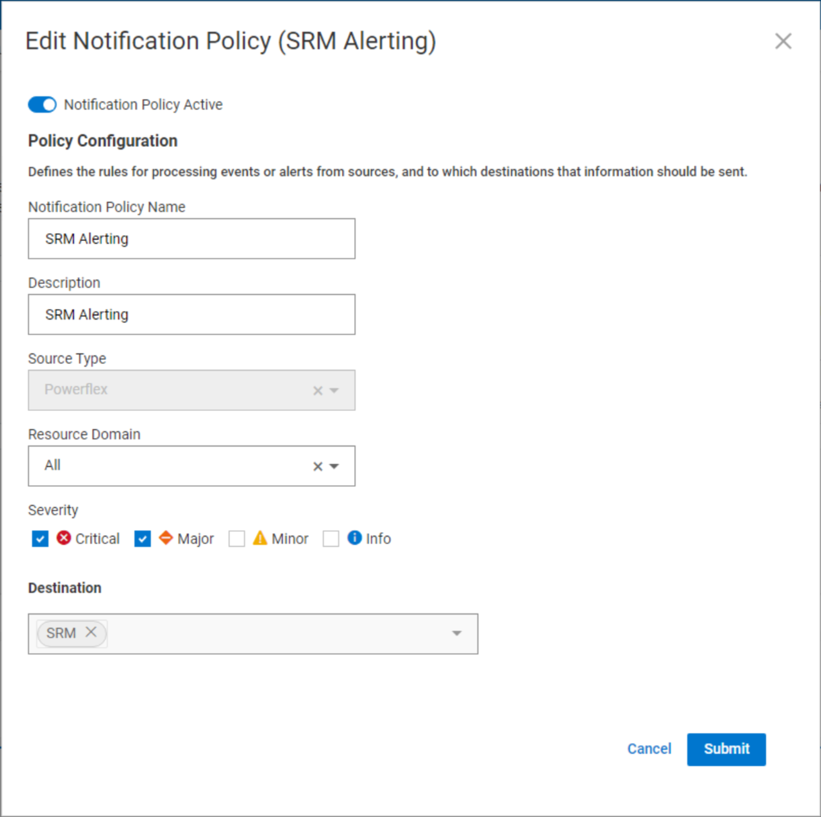 A screenshot of the notification policy in PowerFlex Manager.