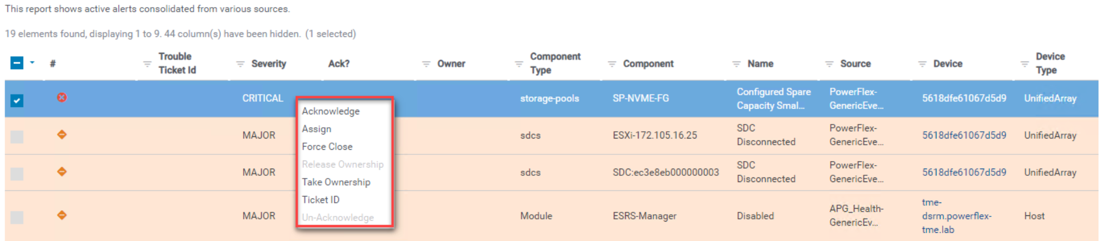 A screenshot of PowerFlex alerts in the SRM user interface including user initiated action menu.