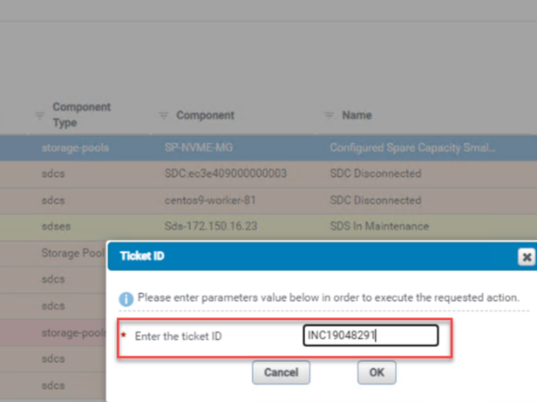 A screenshot of adding a service ticket id to an alert in the SRM user interface.