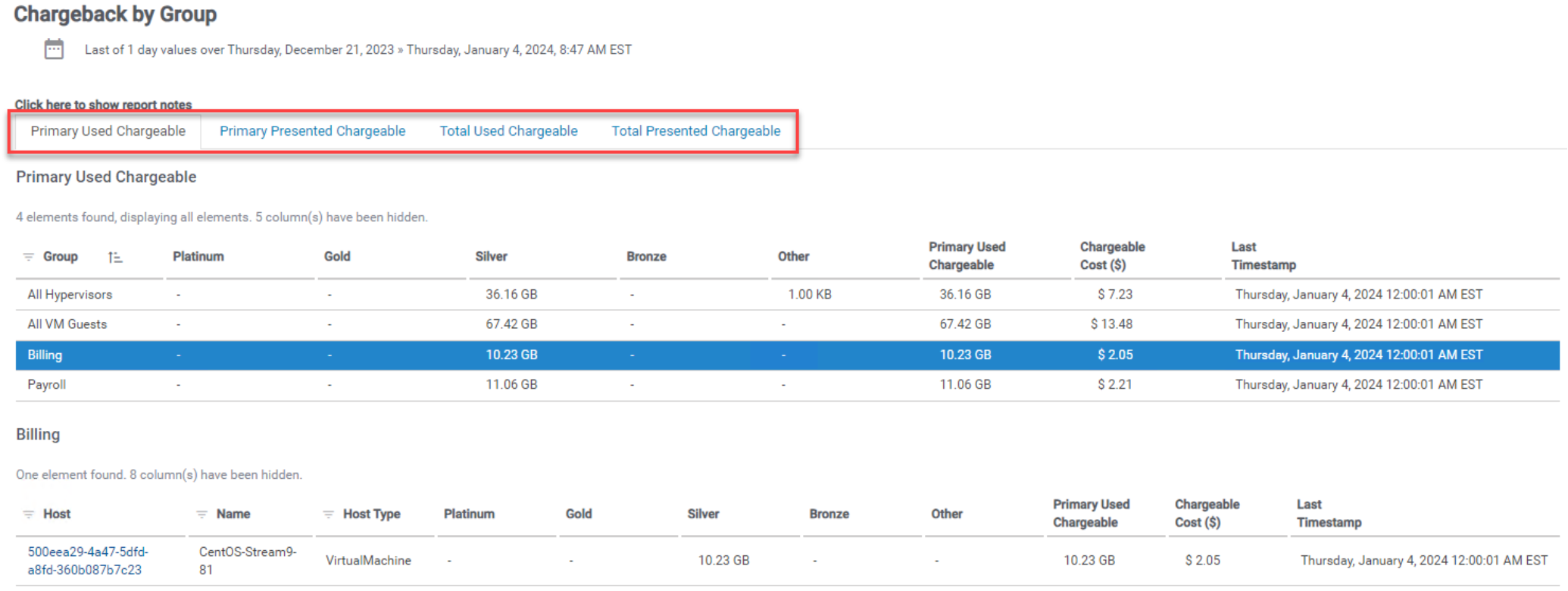 A screenshot of a chargeback report in the SRM user interface.