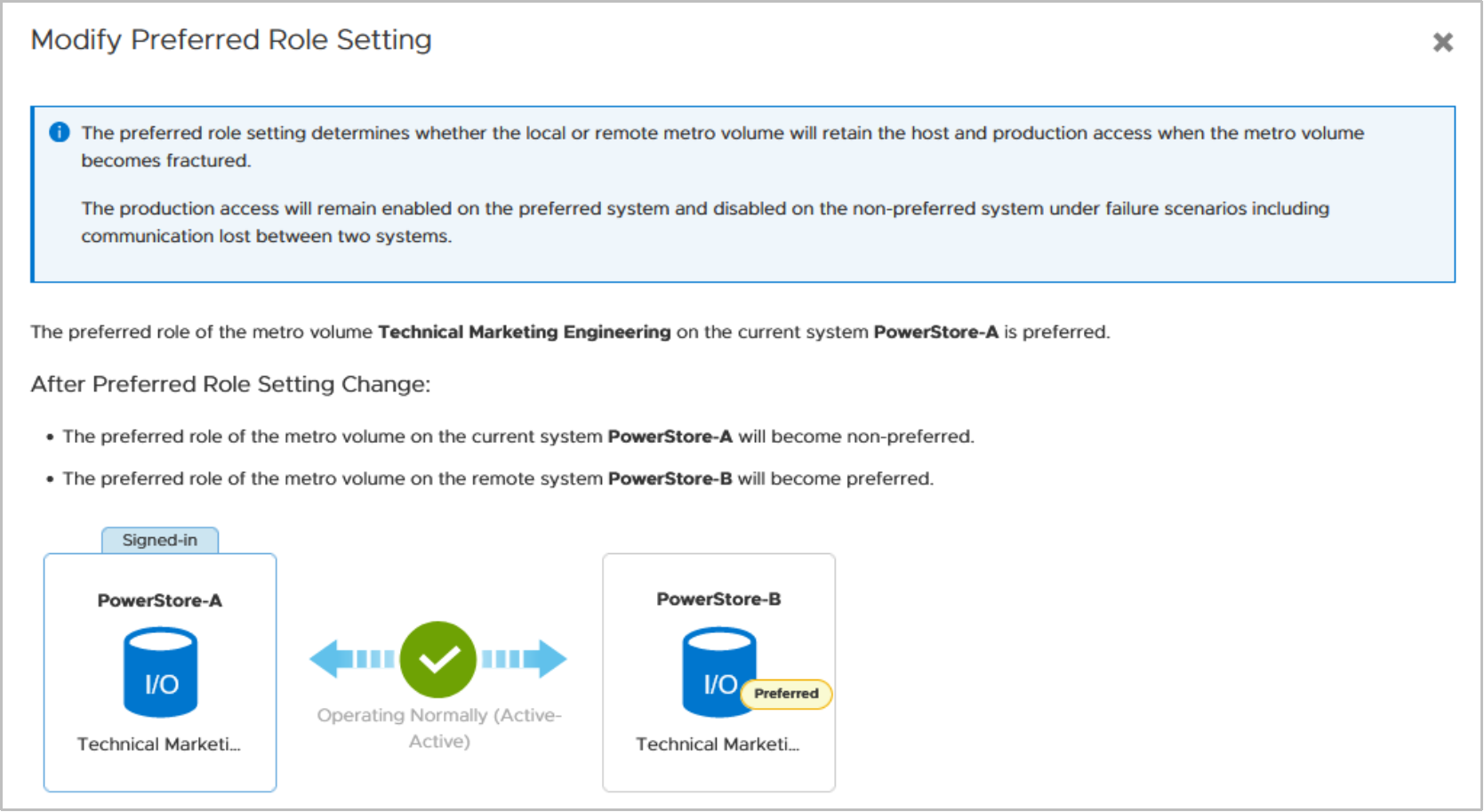 PowerStore Manager modify preferred role summary