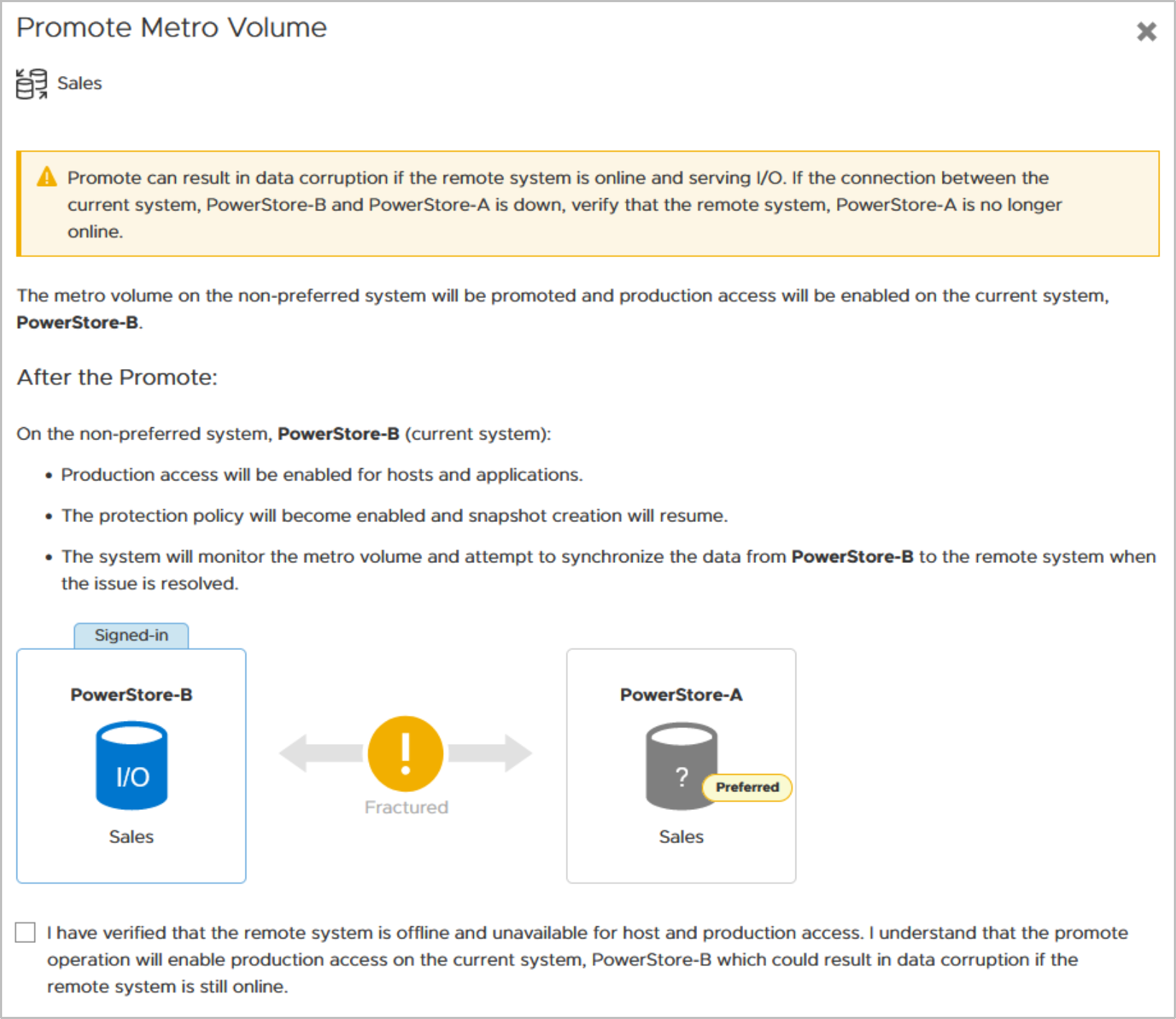 PowerStore Manager Promote Metro Volume summary