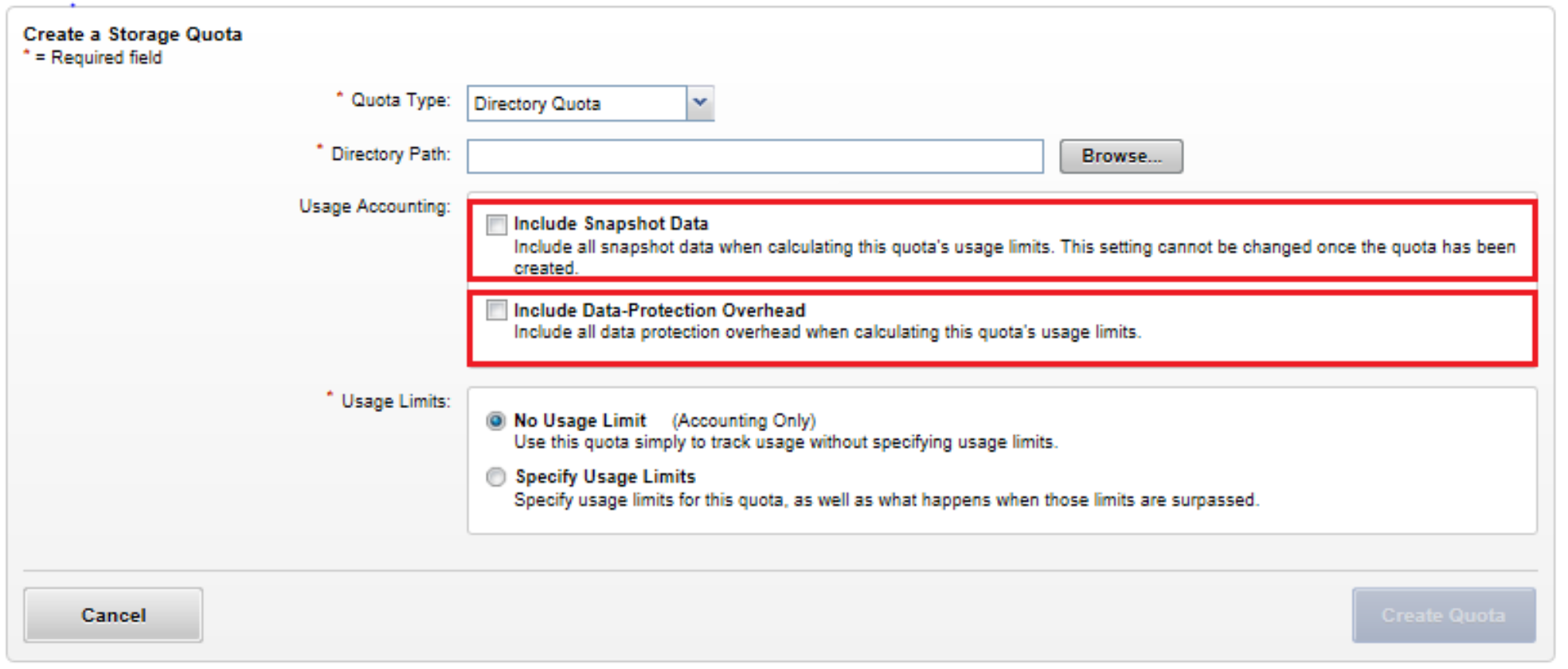 WebUI screenshot showing quota snapshot reporting configuration.