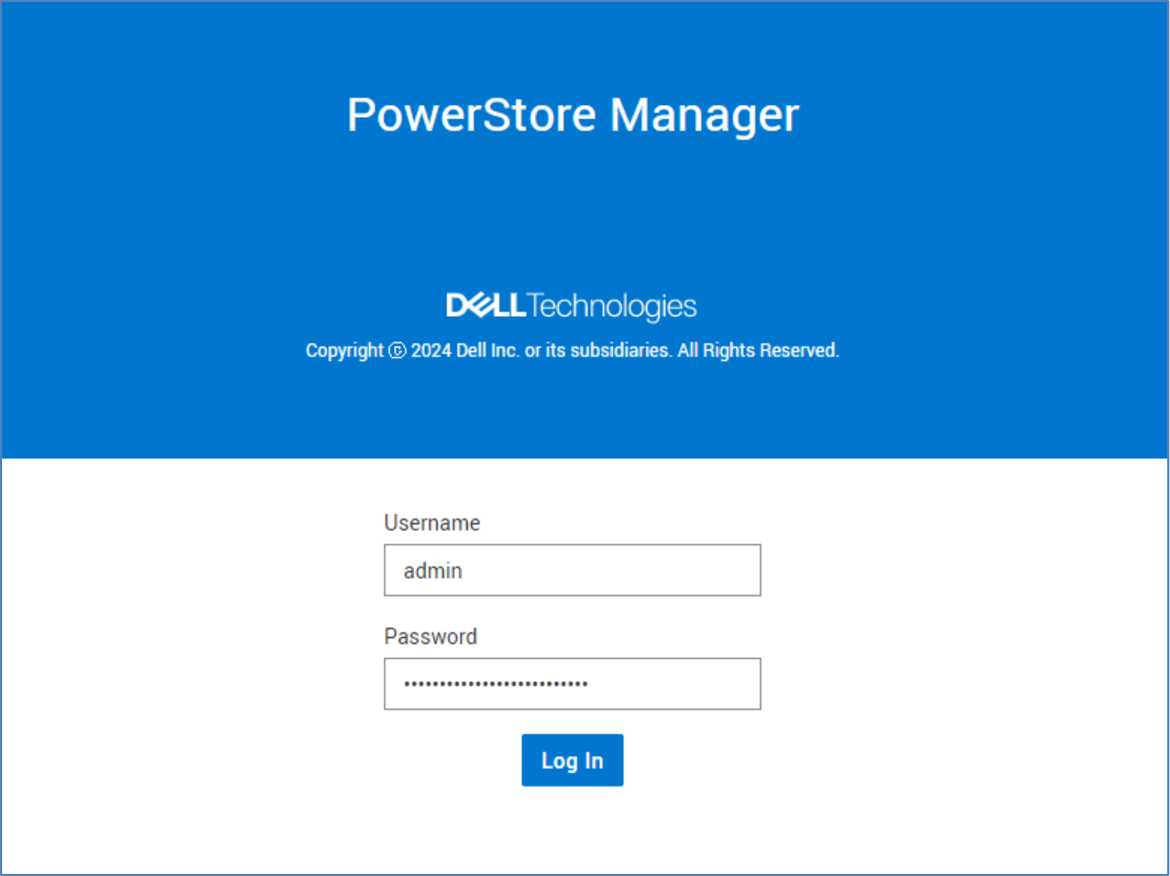 The PowerStore Manager login screen. Here the user enters the default username and password to access and configure the cluster.