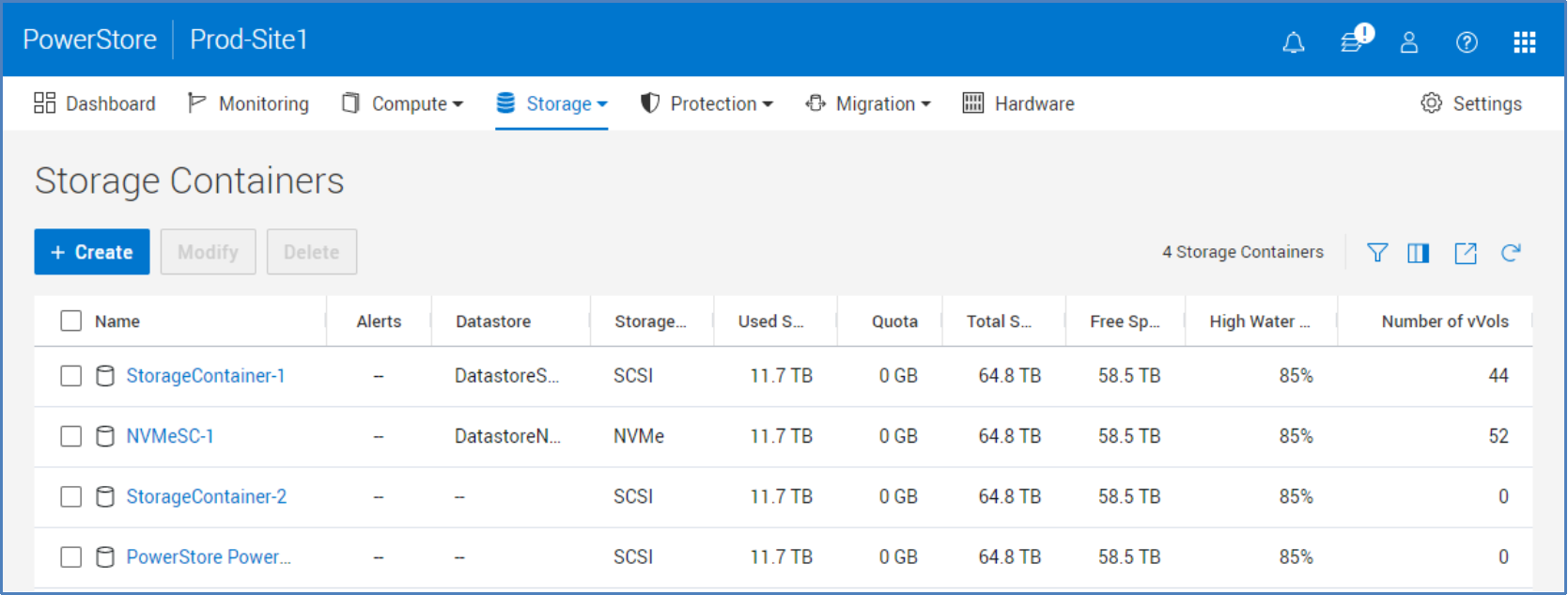 The Storage Containers page allows the creation of multiple containers across different storage protocols for virtual machine storage.