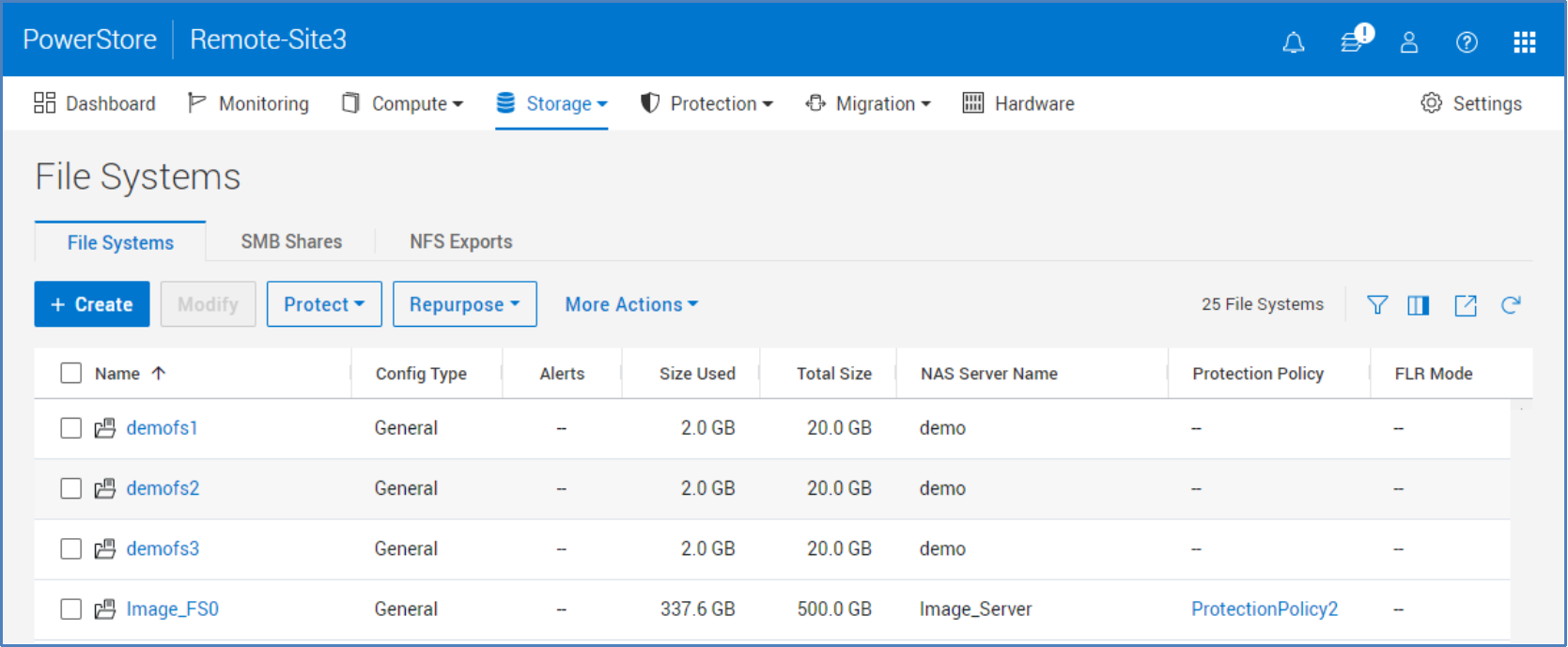 After a NAS Server has been created, File Systems can be created on the File Systems page. You can manage SMB Shares and NFS Exports from the other tabs on this page.
