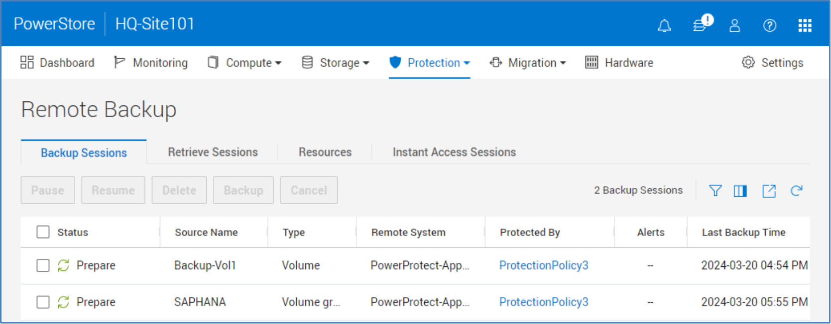 The Remote Backup page shows the backup sessions that have been created on the system. These sessions periodically create a remote backup of a resource on a PowerProtect DD system based on a backup rule, or they can be created manually at any time from this page.