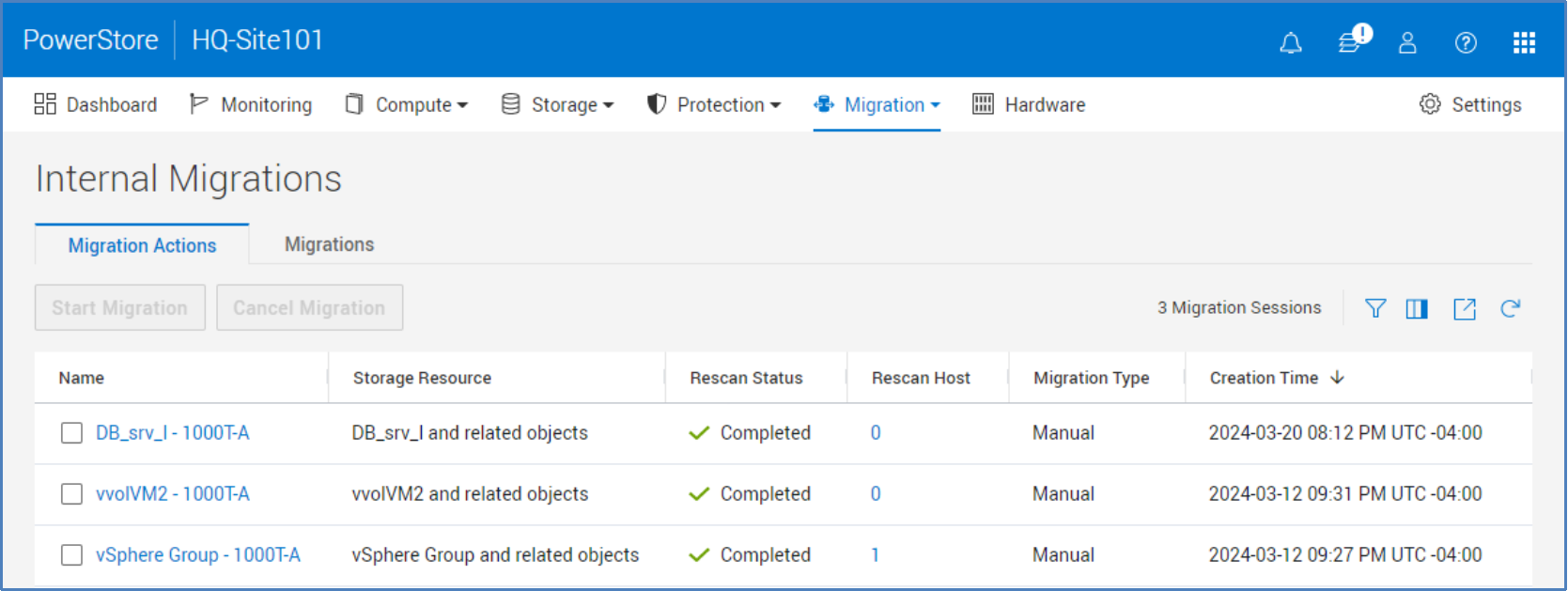 On the Internal Migrations page you can start or cancel a migration.