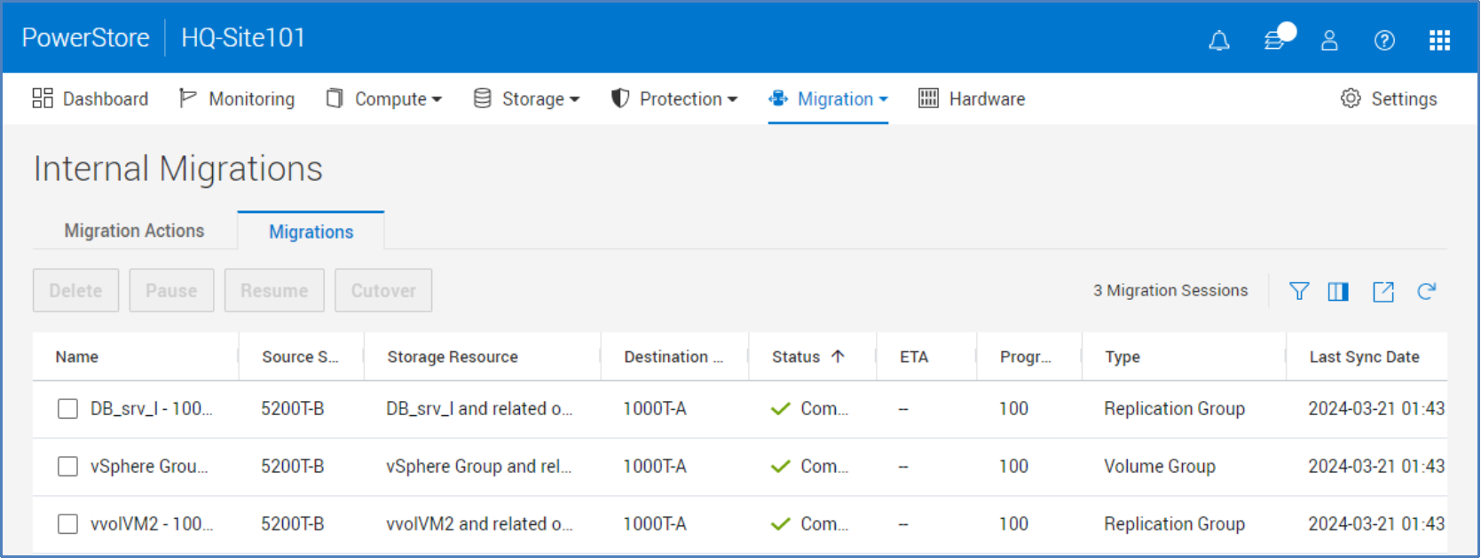 The Migrations page shows the various sessions and their current state. From here the Delete, Pause, Resume, and Cutover actions on a session can be run.