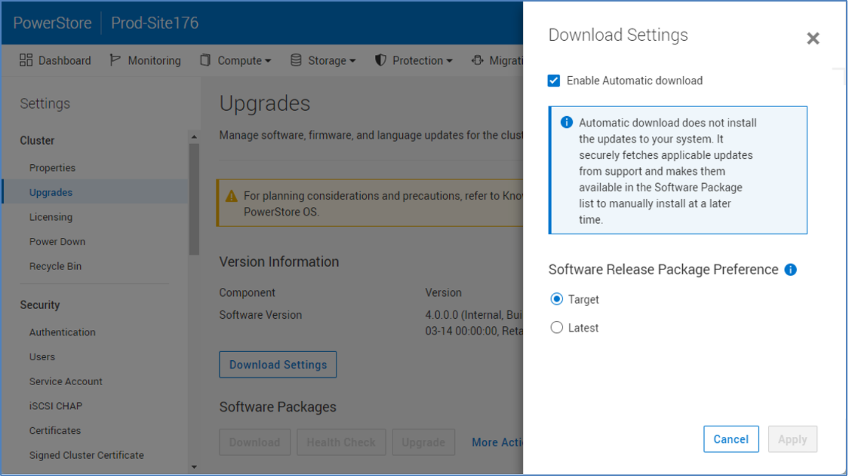 New download settings slide-out in PowerStore Manager UI allowing users to select their software release package preference of latest or target code.