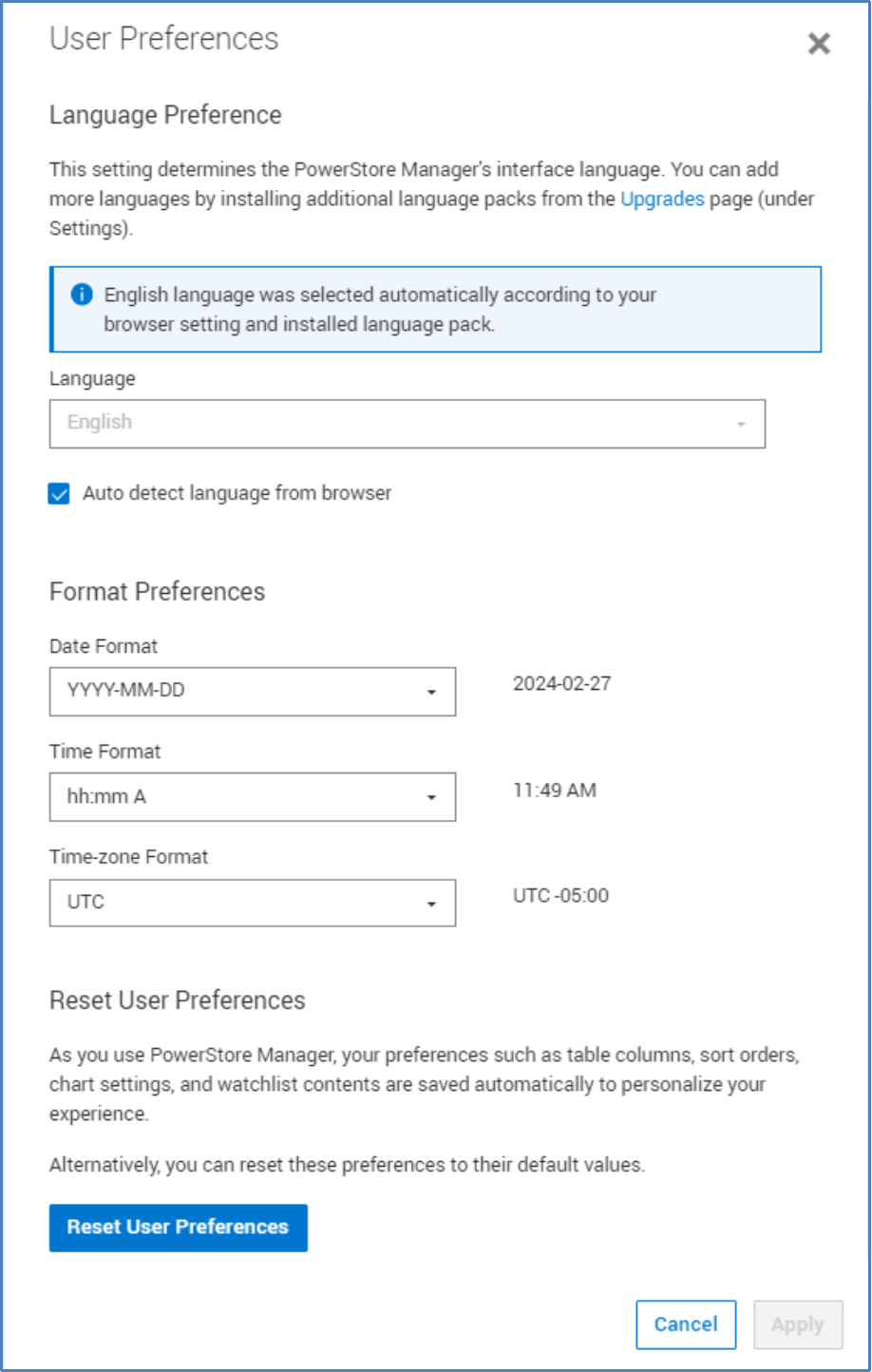 To be more accessible to users around the world, users have the option to install language packs, to change the language of PowerStore Manager. Users can also adjust the date, time, and time-zone format settings.
