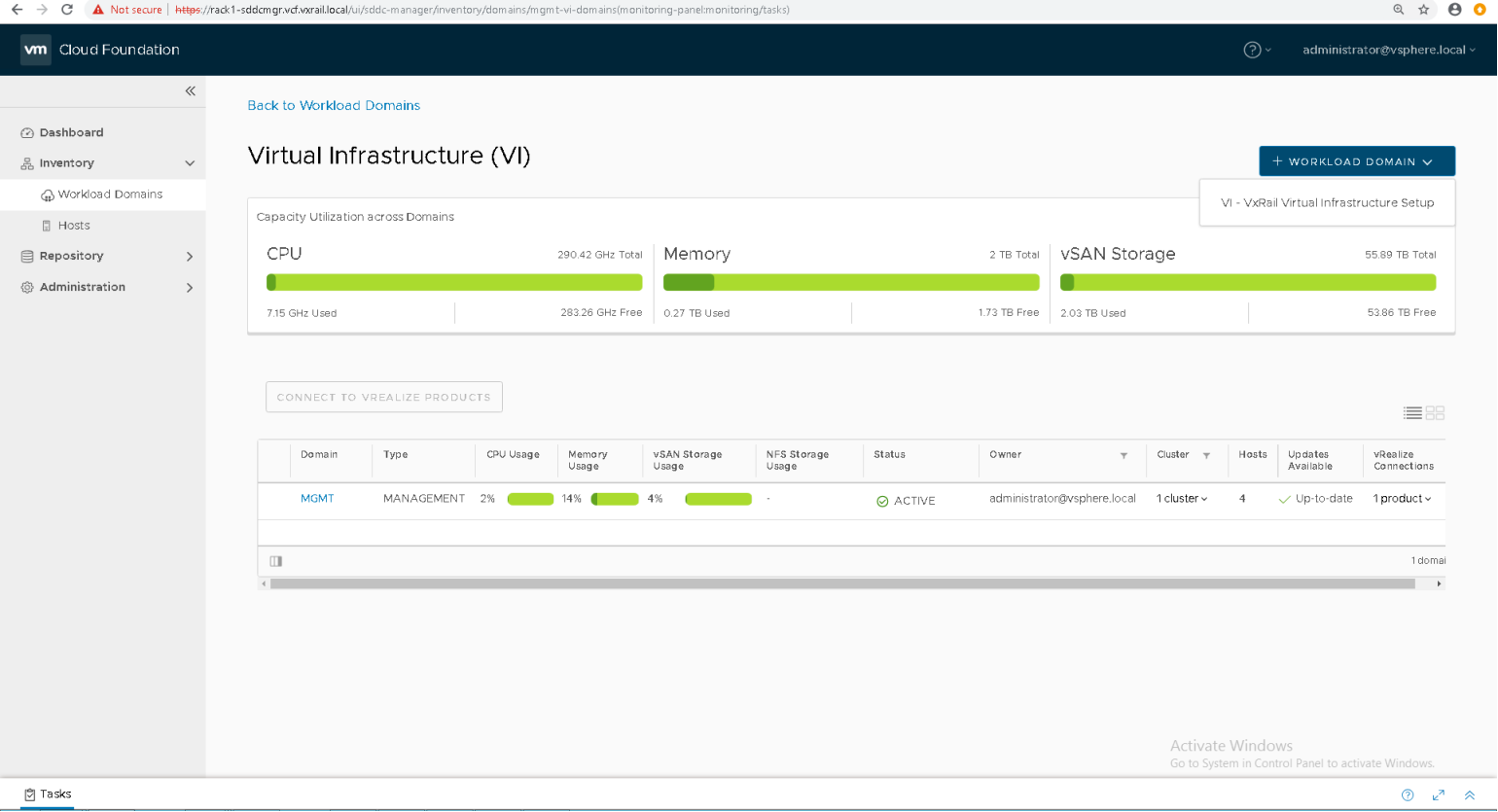 A screenshot presenting launching the create VxRail VI workload domain dialog in SDDC Manager 