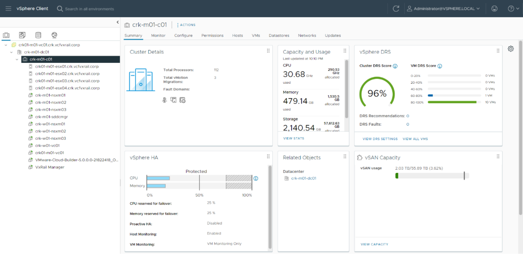 A screenshot presenting vCenter view showing VMware Cloud Foundation management domain