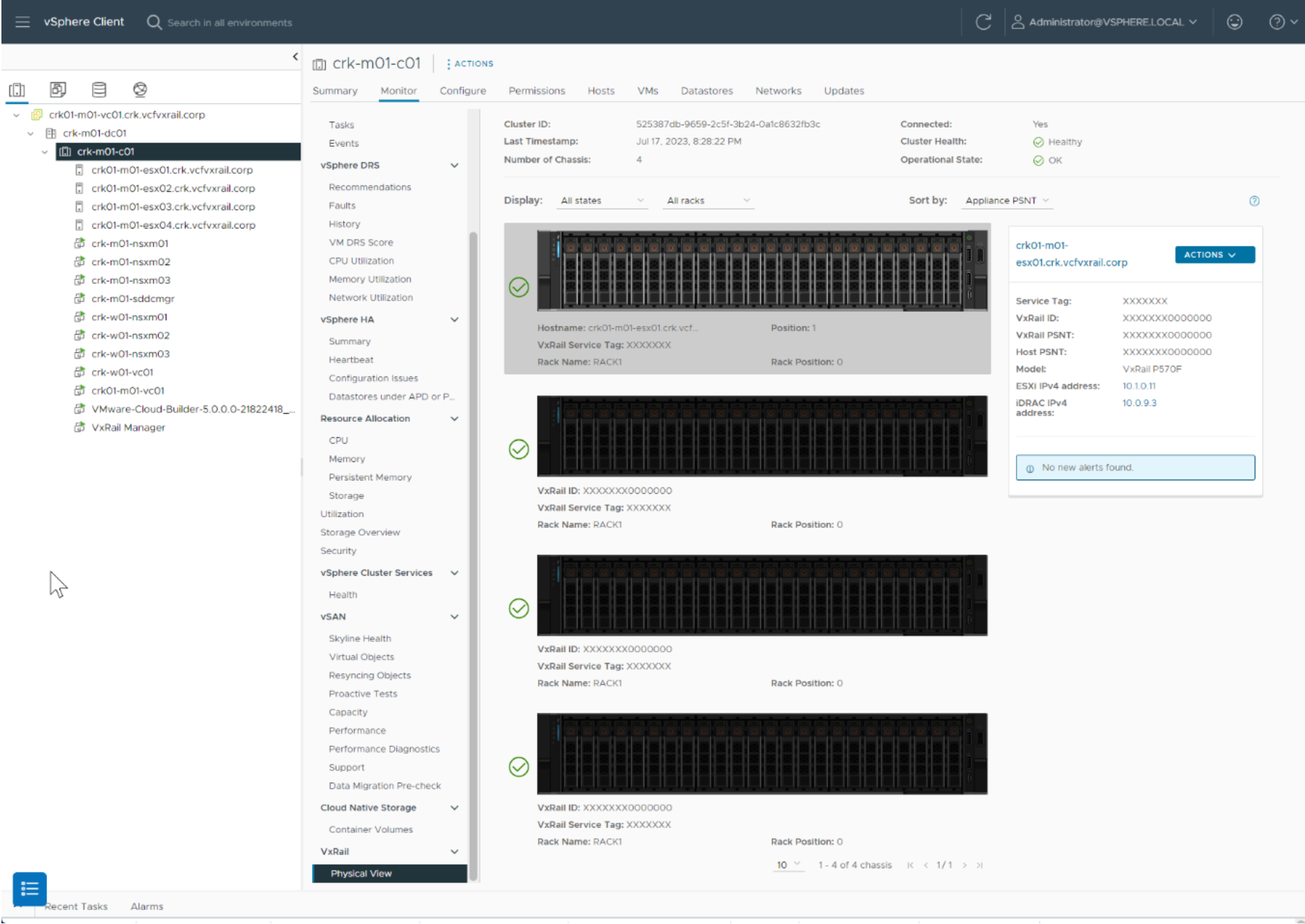 A screenshot presenting VxRail cluster physical view