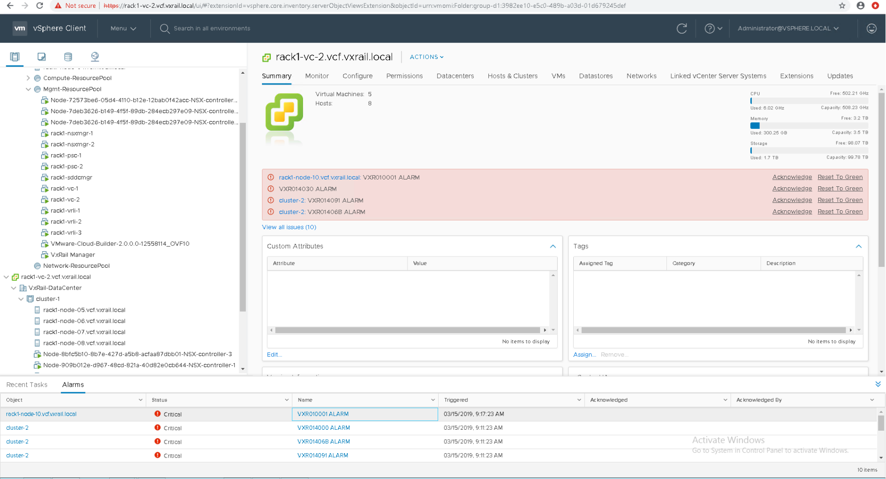 A screenshot presenting the example of VxRail hardware alarms in the vCenter HTML5 plug-in