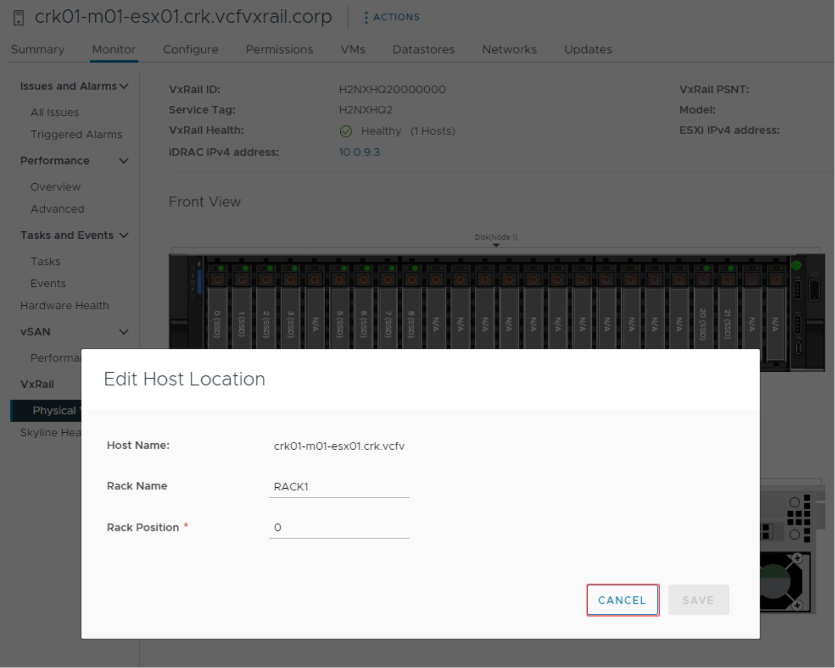 A screenshot presenting an example of VxRail geo location host tags in the vCenter plug-in