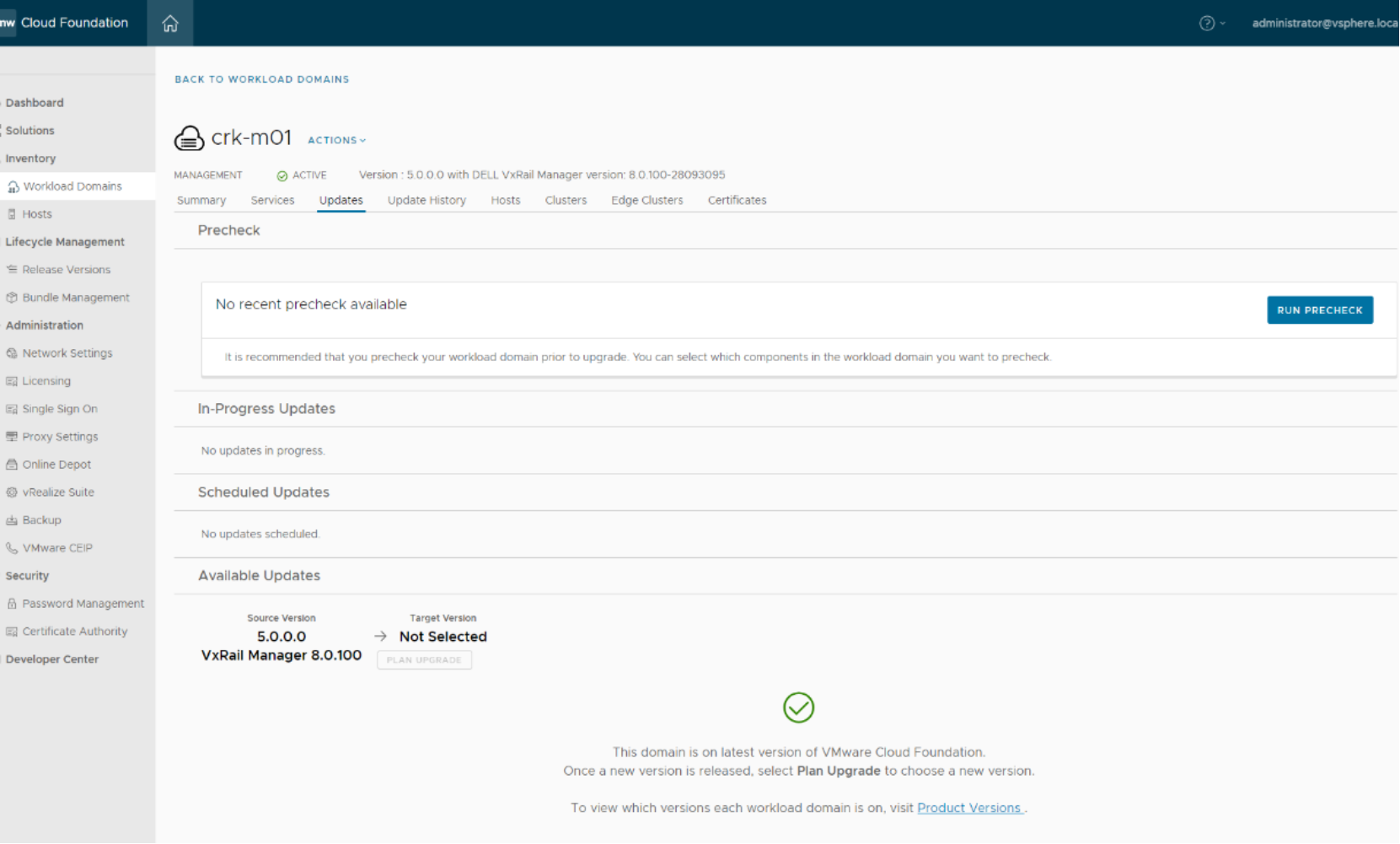 A screenshot presenting SDDC Manager Update screen example