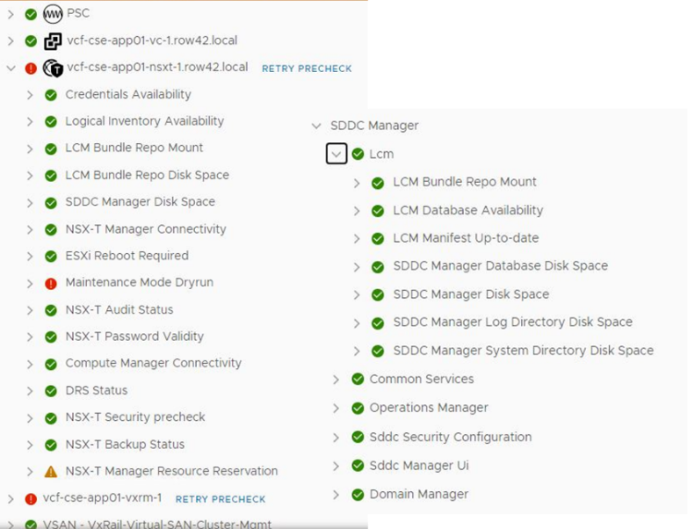 A screenshot presenting SDDC Manager prechecks