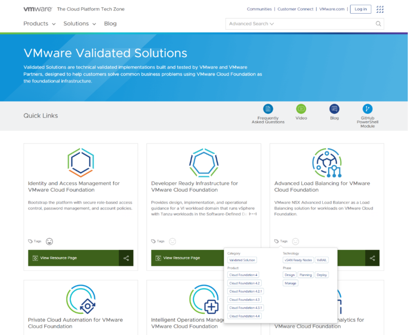 A screenshot presenting VMware Validated Solutions portal