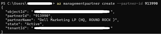 screenshot of CLI code after running the az managementpartner create partner id command