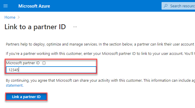 shows the Link to a Microsoft page where you enter the partner ID, and then click the button called "Link a Partner ID"