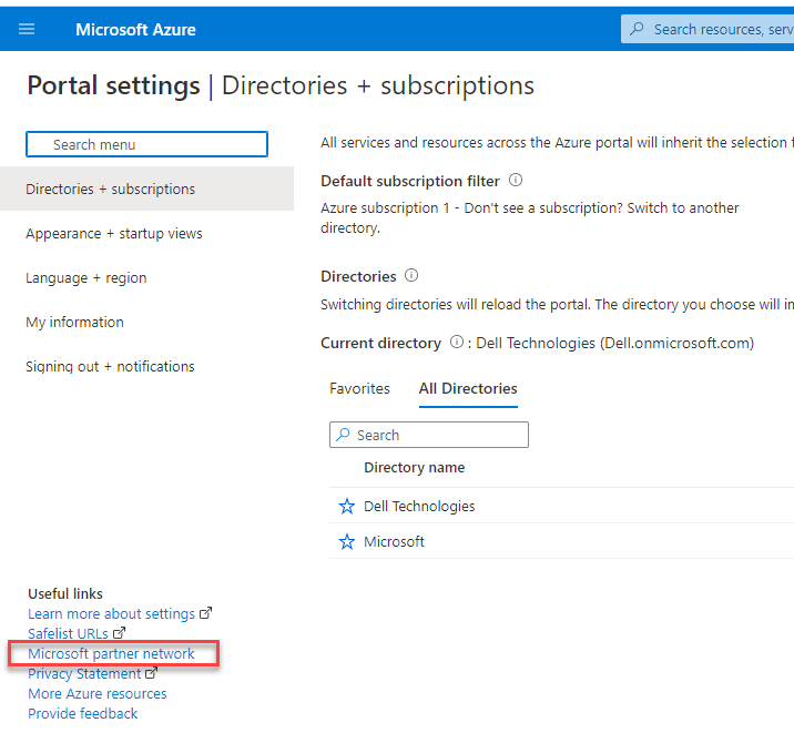 shows the Microsoft partner network link in the Portal Settings window in the Useful links list