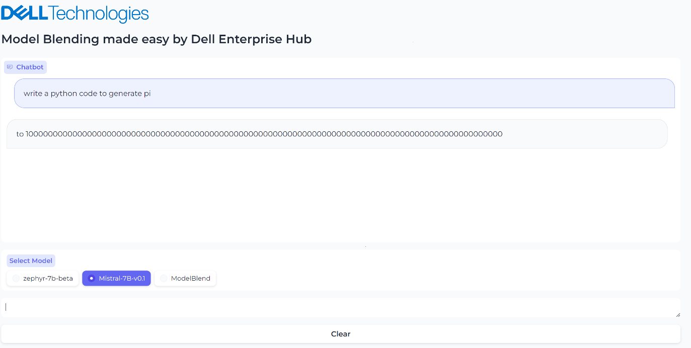 Figure 2: UI when the model Mistal 7B is selected and the inferencing results generated by Mistal 7B model for the prompt, “What is the python code to generate pi?”