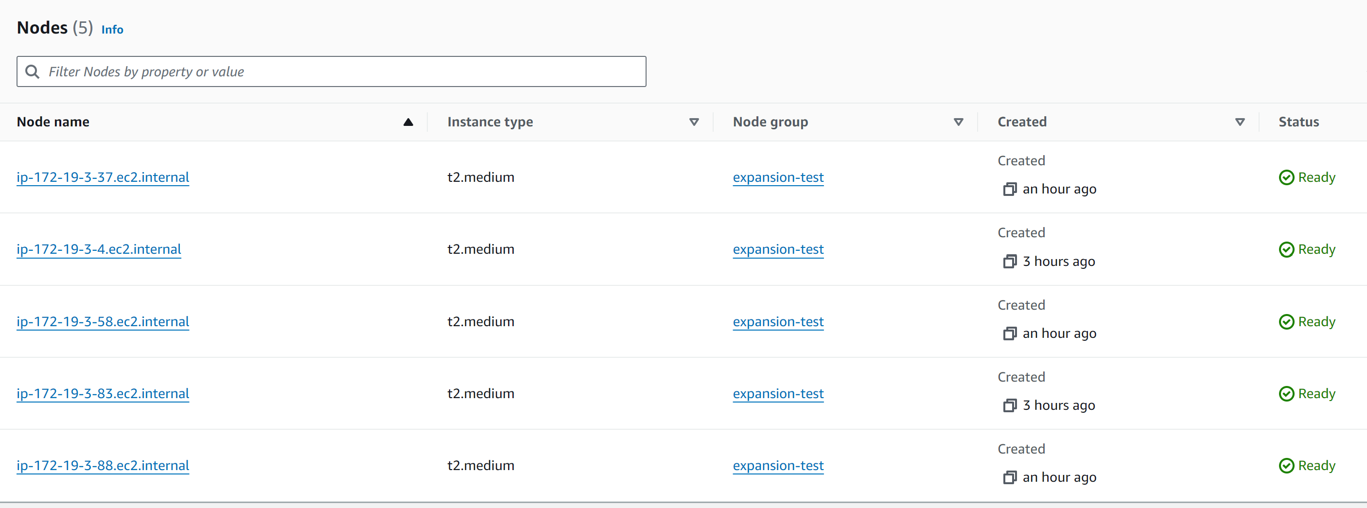 The image from the AWS EKS UI which is listing the EKS worker nodes after node group expansion.