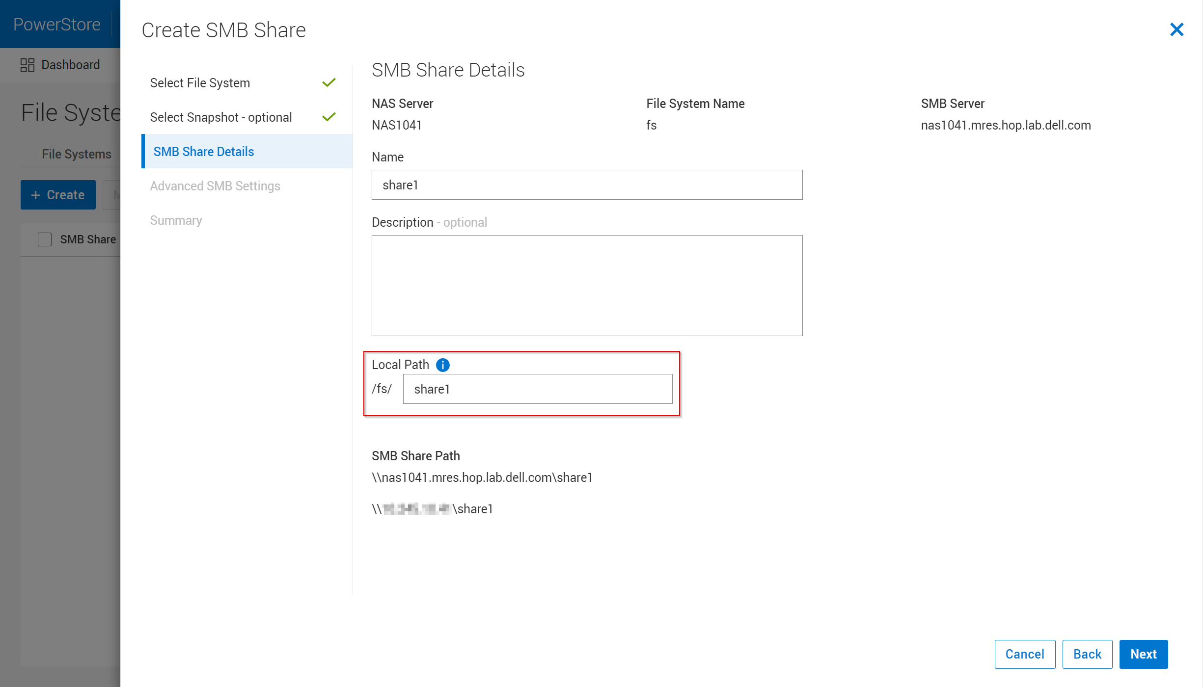 A screenshot showing the creation of the new SMB share on the subdirectory in PowerStore Manager.