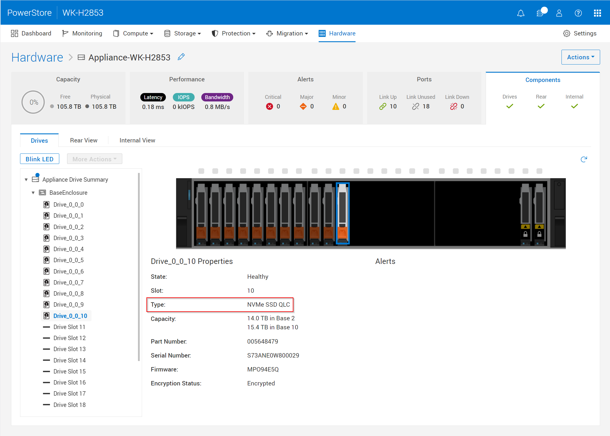A screenshot of PowerStore Manager showing the Drives page. A drive is highlighted showing that it is a NVMe SSD QLC drive type.