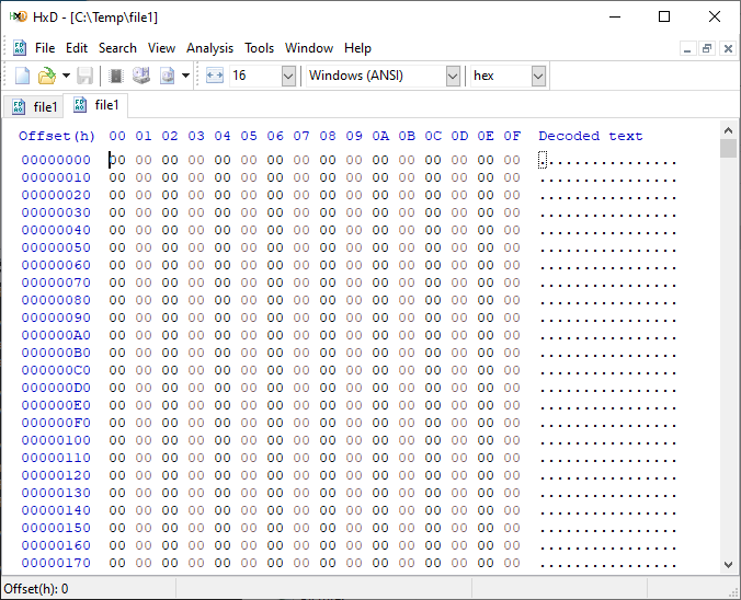 A screenshot of a test file created with default parameters being examined in a hexadecimal editor. The entire file is populated with 00. 