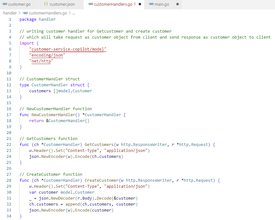 A screenshot of copilot auto generated code for Get and Create customer operation