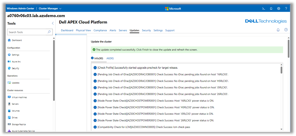 Windows Admin Center console showing, through the Updates tab,  a list of the steps completed (90) to update the Azure Stack HCI cluster. All them completed successfully.