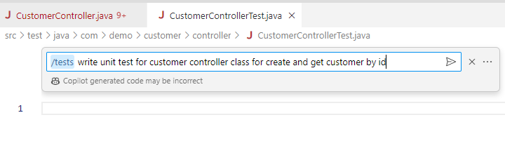 A screenshot of copilot prompt for writing unit test for Controller class 