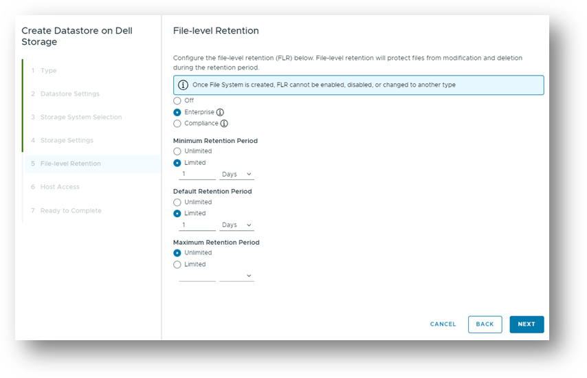 Dell VSI UI showing the File-level retention settings in PowerFlex NFS based datastore creation process