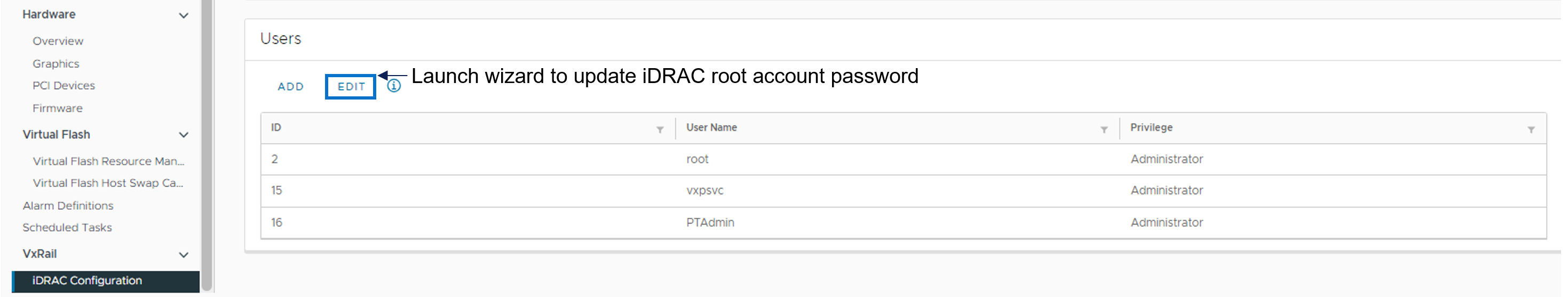 This shows how to update the iDRAC root account password. Go to the iDRAC Configuration tab on the left-hand menu, then select edit to launch a wizard to change the password.