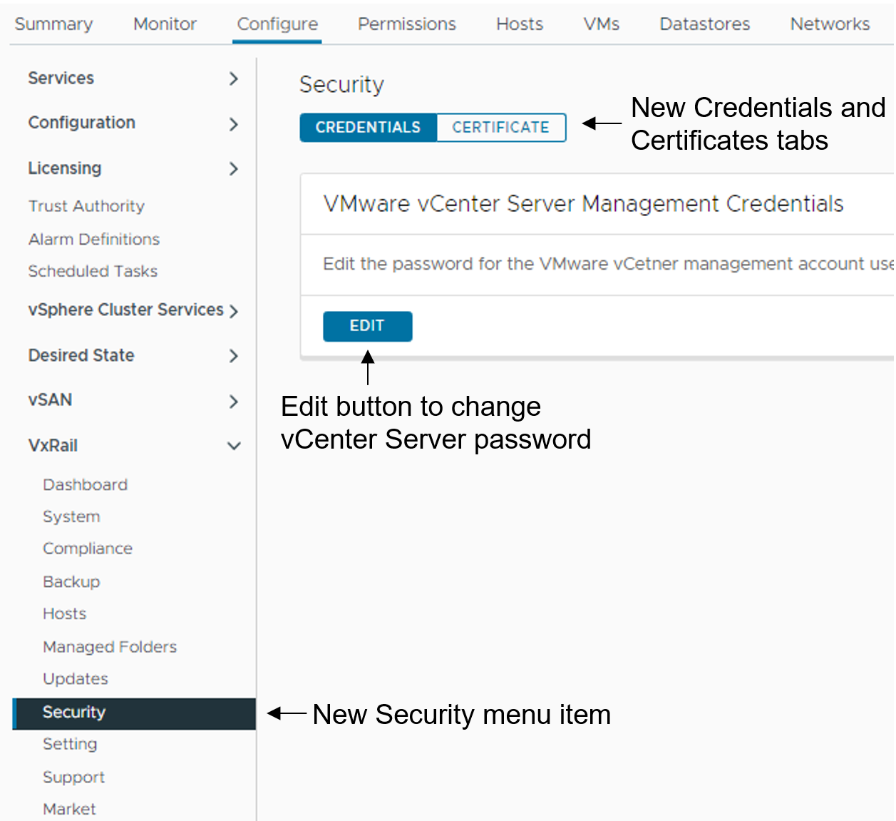 This figure highlights how to change passwords. Go to the Security tab on the left side of the VxRail Update Manager. There are two tabs: Credentials and Certificate, in that order. Click on Credentials to see an Edit button that allows you to change the vCenter server password.