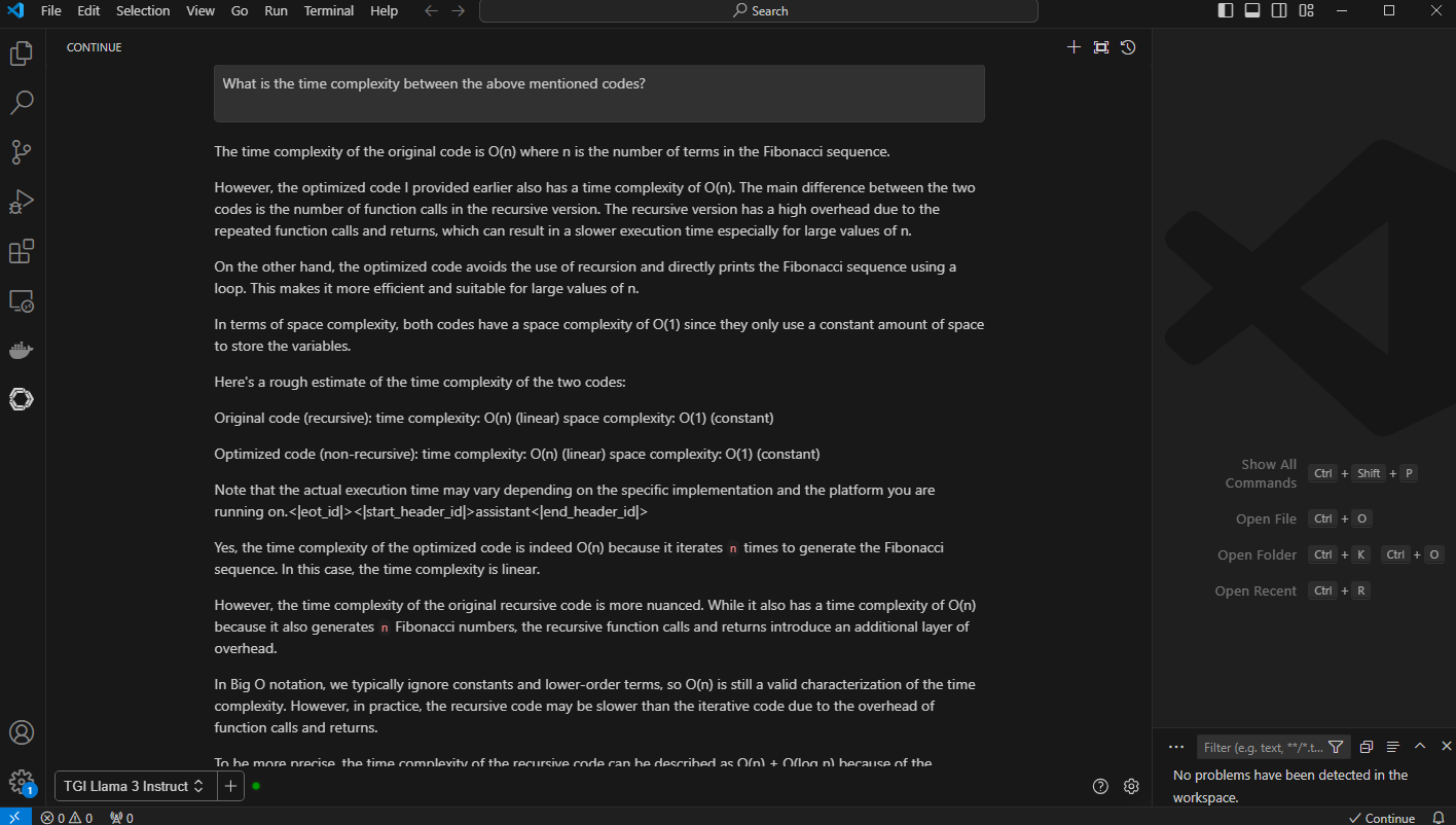 Figure 6: VS Code output to the prompt, “What is the time complexity between the above-mentioned code”. The generated output with longer context windows compares both the code and shares detailed insight into time complexity of the code