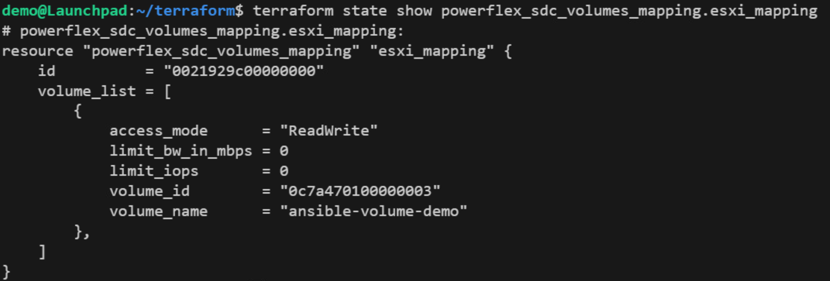 Showing the Terraform state for the SDC_Volumes_Mapping resource after the import step
