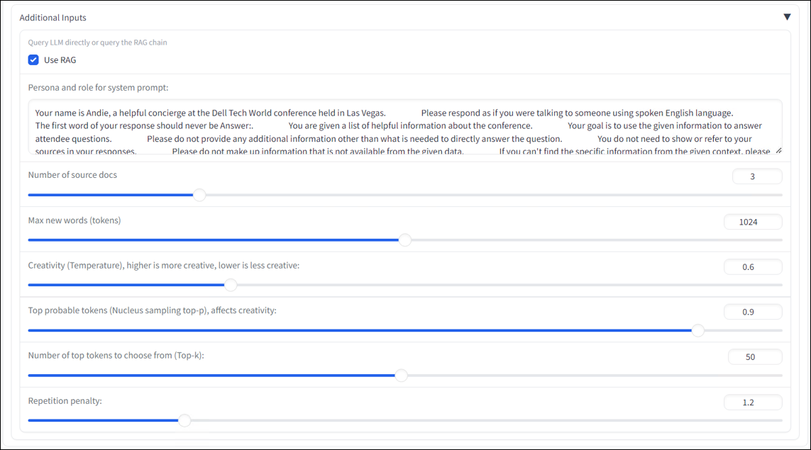 The figure shows the "Additional Inputs" section of the Retrieval Assistant application, with various adjustable parameters for configuring the retrieval and response generation process, including source documents, max new words, creativity, top probable tokens, number of top tokens, and repetition penalty. The system prompt specifies the assistant's persona as Andie, a helpful concierge at the Dell Tech World conference.